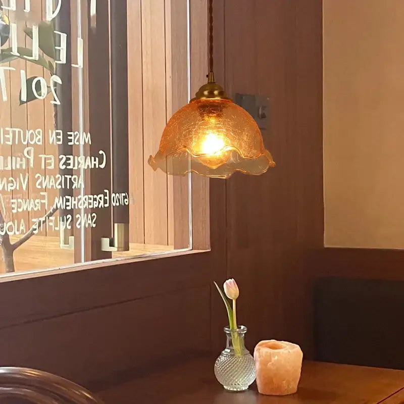 Vintage floral cracked glass pendant light with warm amber scalloped shade and brass fixture for living room decorbites cracked glass