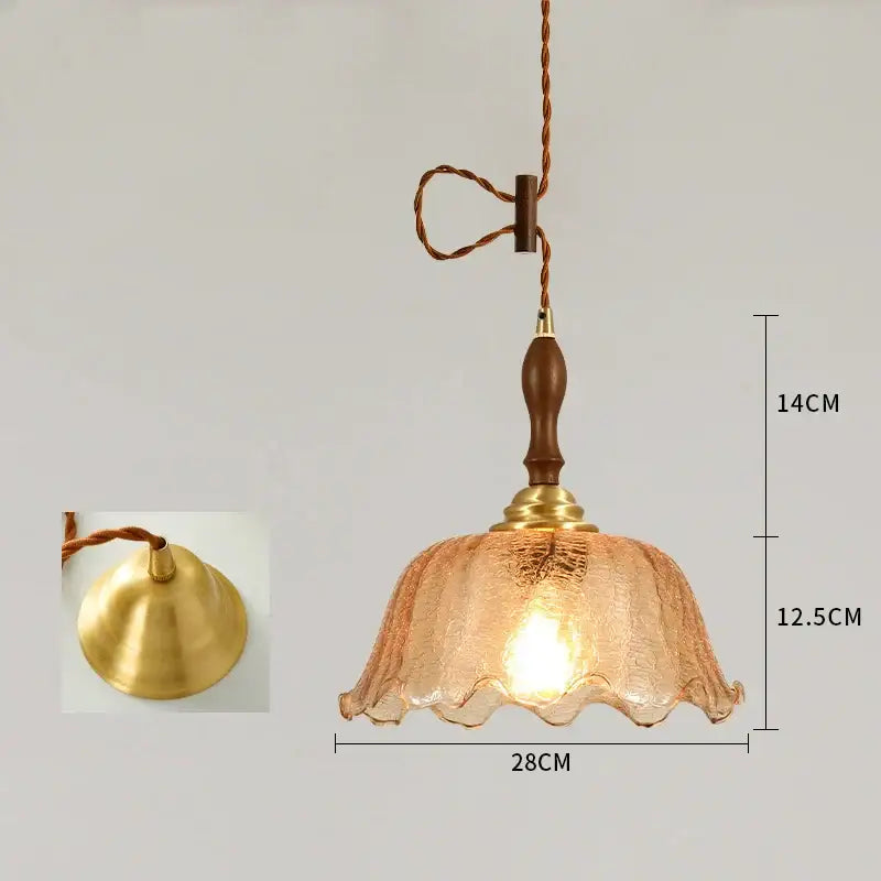 A warm amber vintage floral cracked glass pendant light with ruffled shade and brass accents for living room decorbites cracked glass