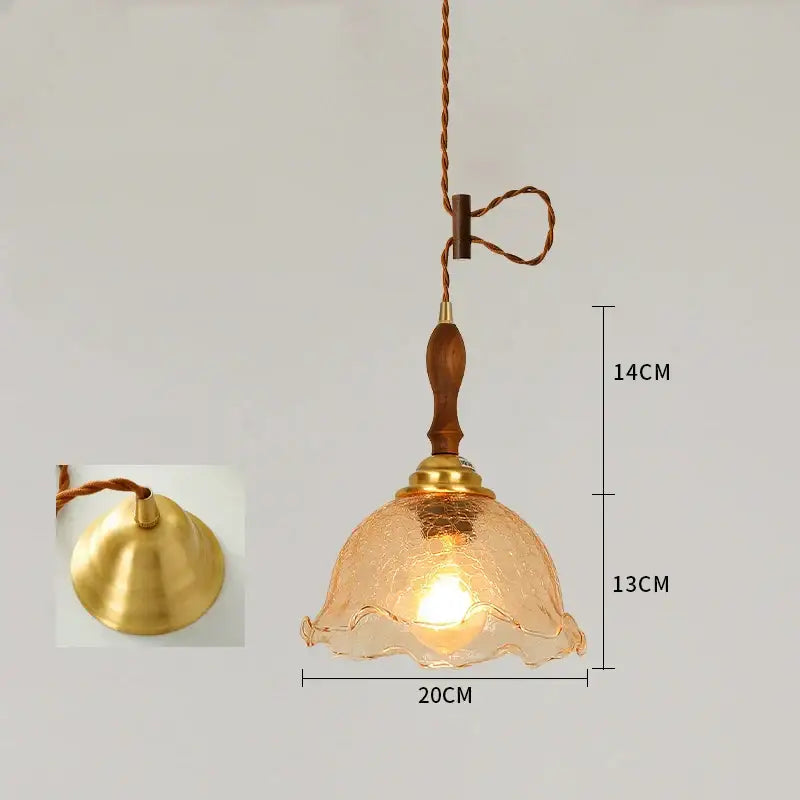 Vintage floral pendant light with warm-toned crackled glass, wooden handle, and brass accents for living room decorbites cracked glass