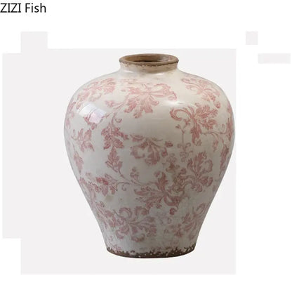 Vintage floral cracked texture blue and white porcelain vase with glossy white glaze and delicate pink patterns for living room decor