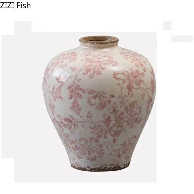 Vintage floral cracked texture blue and white porcelain vase with glossy white glaze and delicate pink patterns for living room decor