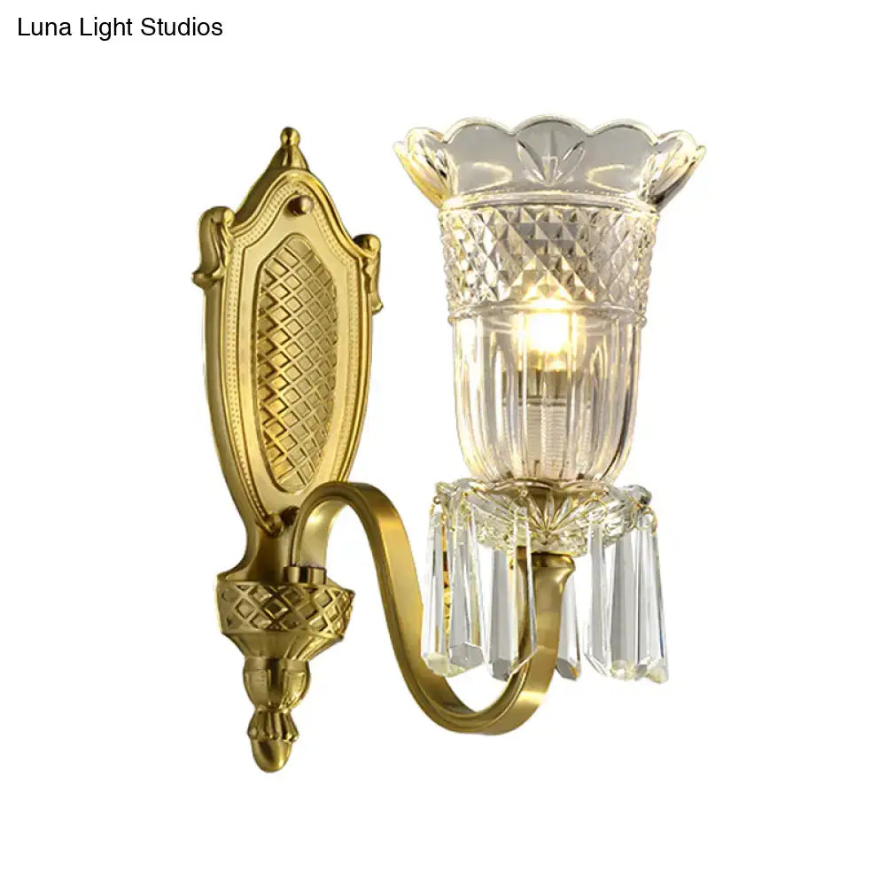 Gold-finished vintage floral wall light with faceted crystal glass shade and dangling crystal prisms wall lamp for bedroom