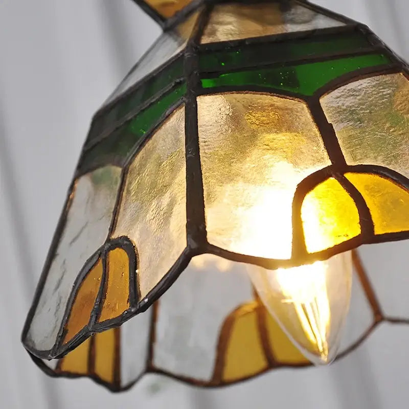 Vintage floral stained glass brass pendant lamp with amber and green panels for dining room decorbites glass brass