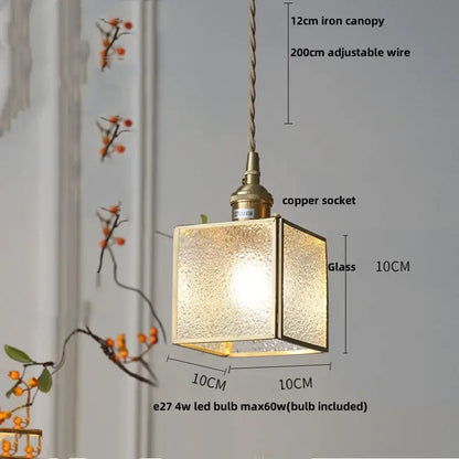Vintage floral stained glass brass pendant lamp featuring a square glass pendant light with textured frosted panels