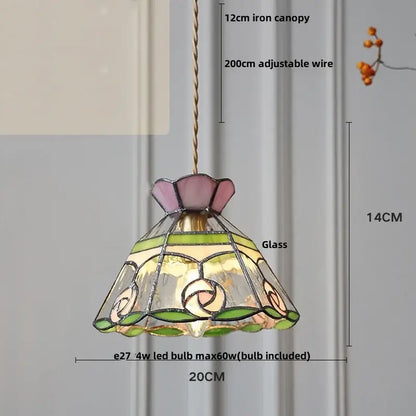 Delicate vintage floral stained glass brass pendant lamp with pink and green design for dining room decorbites glass brass