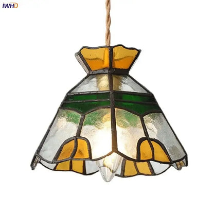 Vintage floral stained glass brass pendant lamp with yellow and green floral motifs for dining room decorbites glass brass