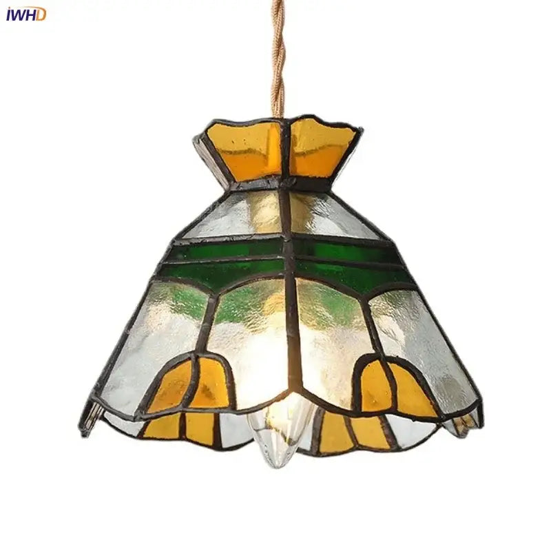 Vintage floral stained glass brass pendant lamp with yellow and green floral motifs for dining room decorbites glass brass