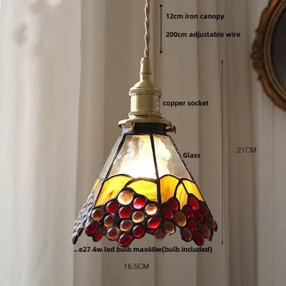 Vintage floral stained glass brass pendant lamp with amber and deep red grape motif for dining room decorbites glass brass