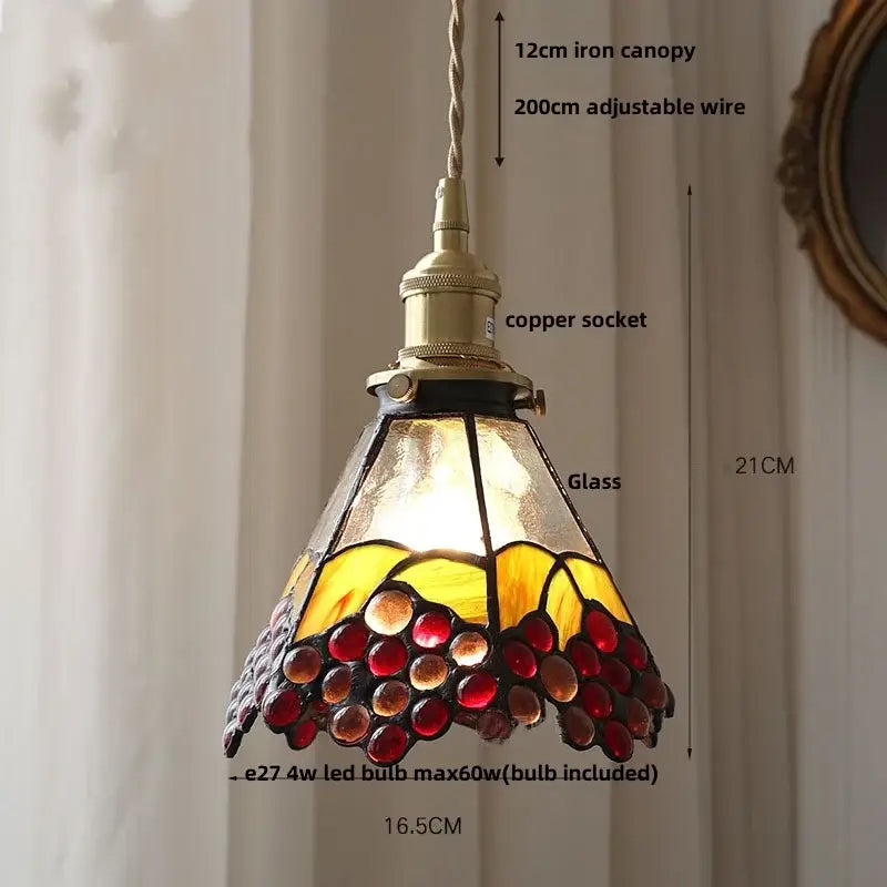 Vintage floral stained glass brass pendant lamp with amber and deep red grape motif for dining room decorbites glass brass
