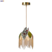 Vintage floral stained glass pendant lamp with beige fringe decorbites colorful tassel led bedroom lighting