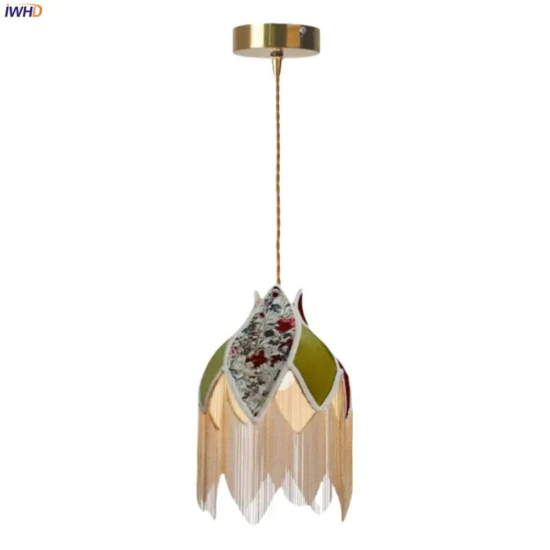 Vintage floral stained glass pendant lamp with beige fringe decorbites colorful tassel led bedroom lighting