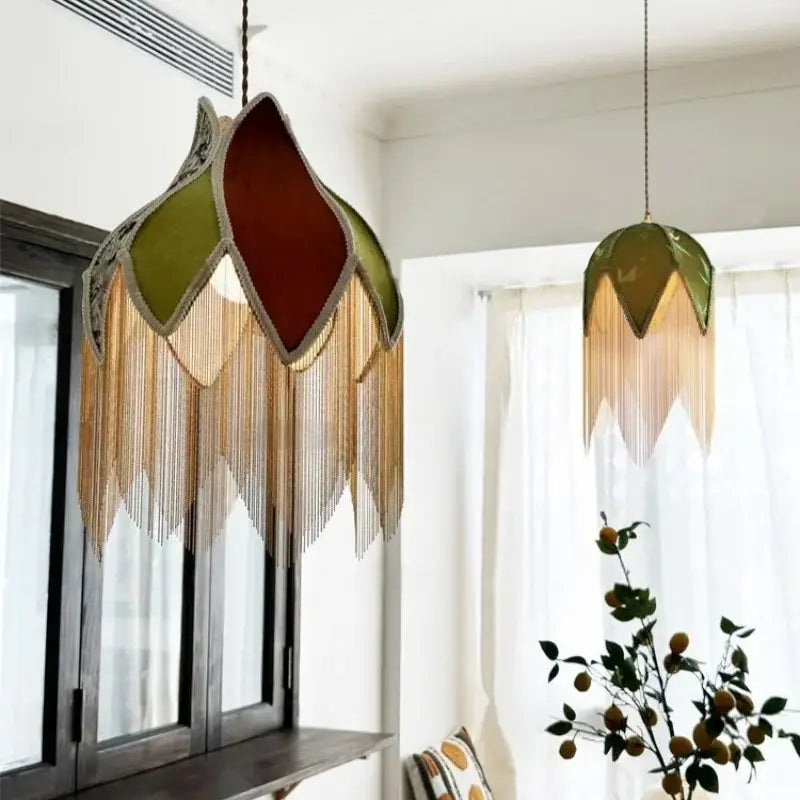 Stylish vintage floral stained glass pendant lamp with green red petals and gold-toned decorbites colorful tassel fringe detailing