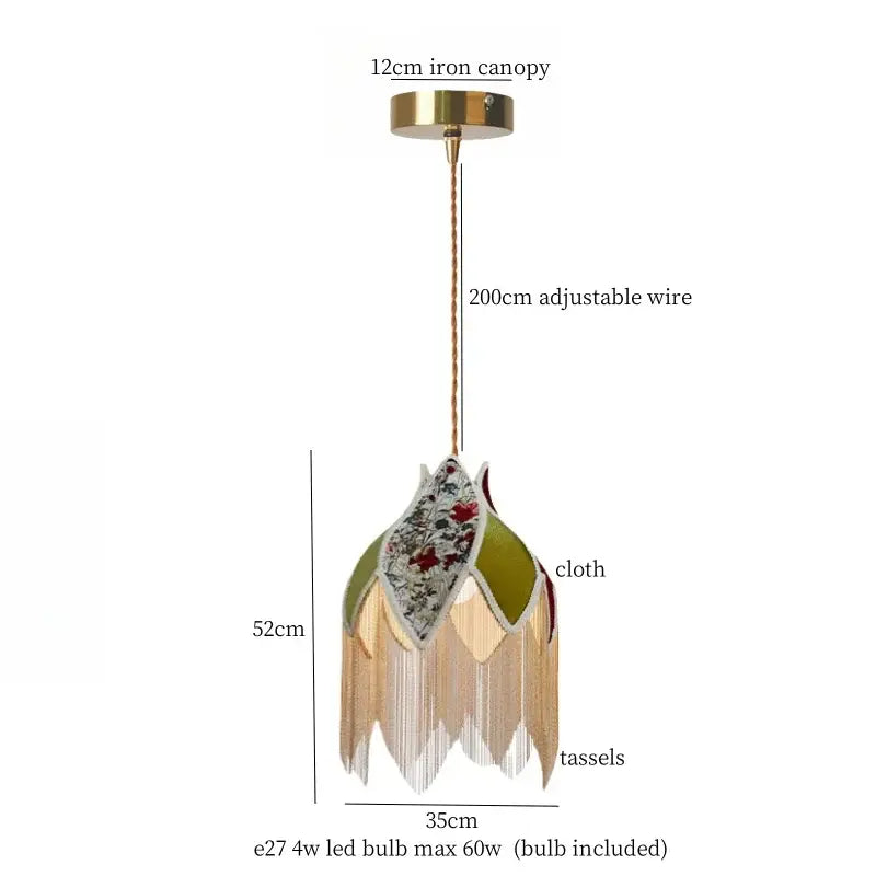 A 52cm pendant lamp with brass iron canopy and olive green cream patterned cloth shade with colorful tassel led decorbites