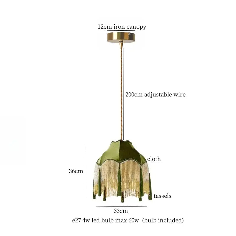 Green fabric pendant lamp with gold tassels and brass iron canopy for decorbites colorful tassel led bedroom decor