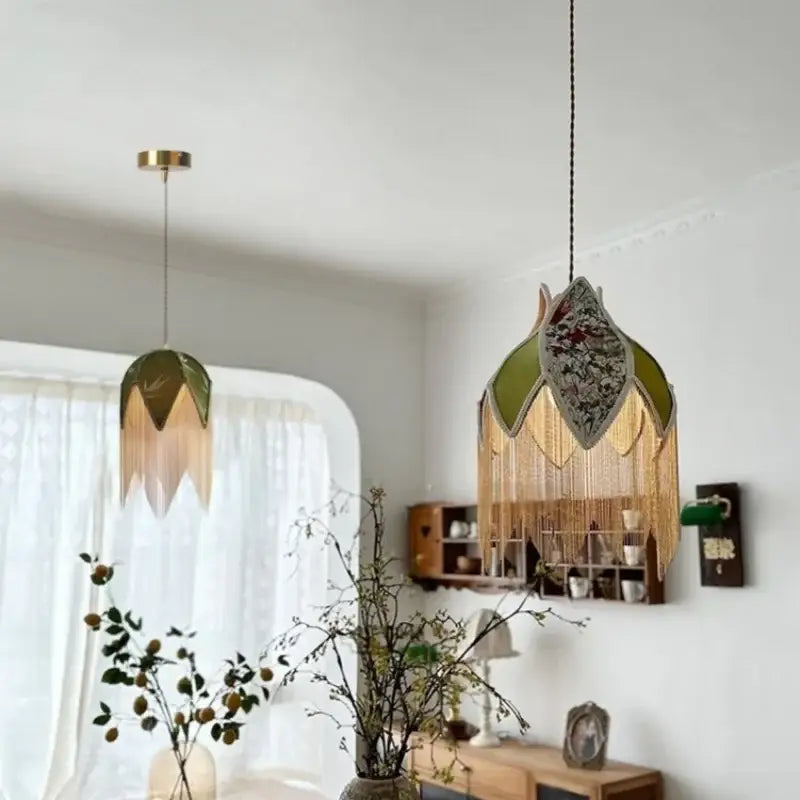 Green stained glass lotus pendant lamp with gold-toned metal accents and decorbites colorful tassel led design