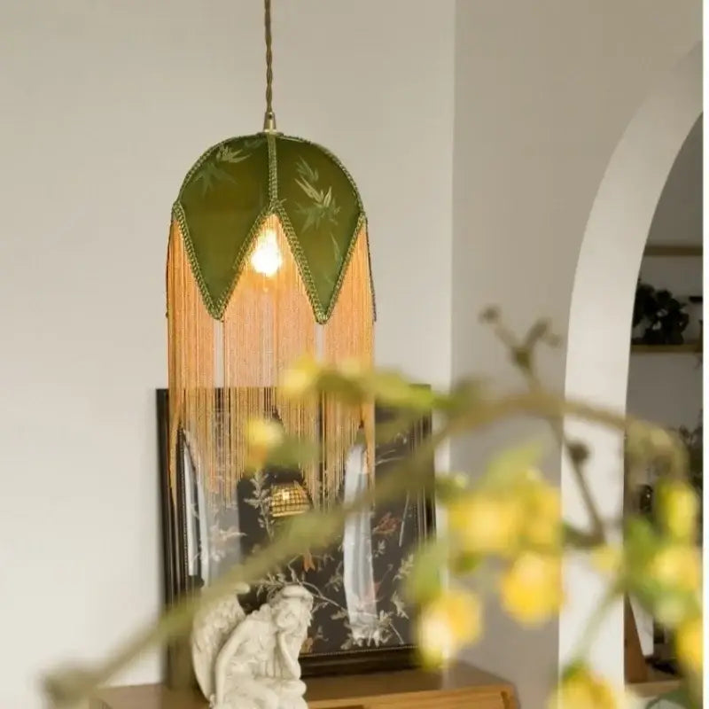 Olive green fabric pendant lamp with bamboo embroidery and golden fringe in vintage floral stained glass colorful tassel led decorbites colorful tassel design