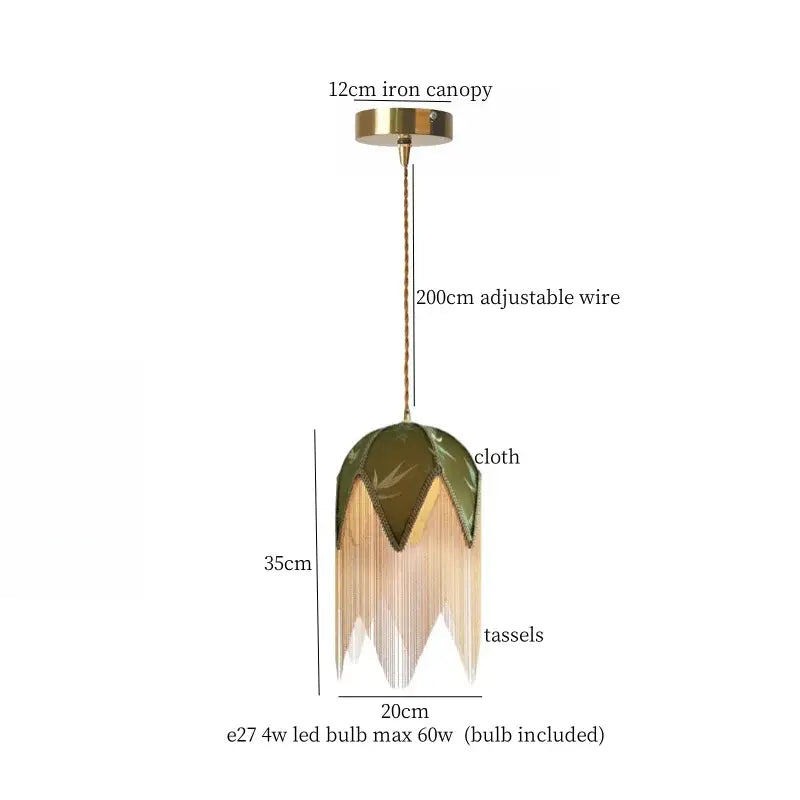 Vintage floral stained glass colorful tassel led pendant lamp with olive-green fabric and brass iron canopy decorbites colorful tassel
