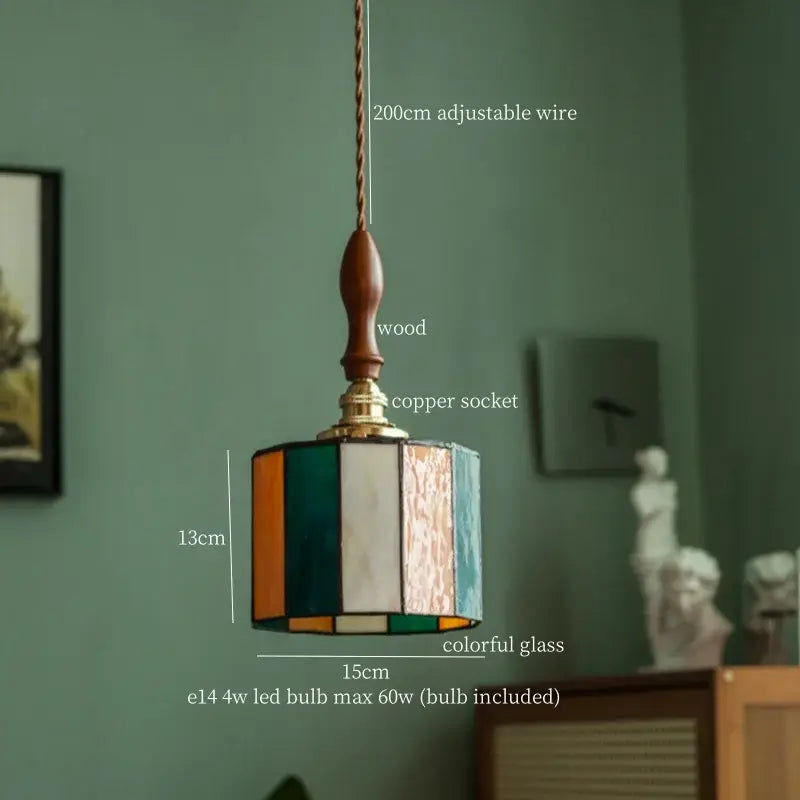Vintage floral stained glass pendant lights with colorful flower led design wooden top copper socket for living room decorbites