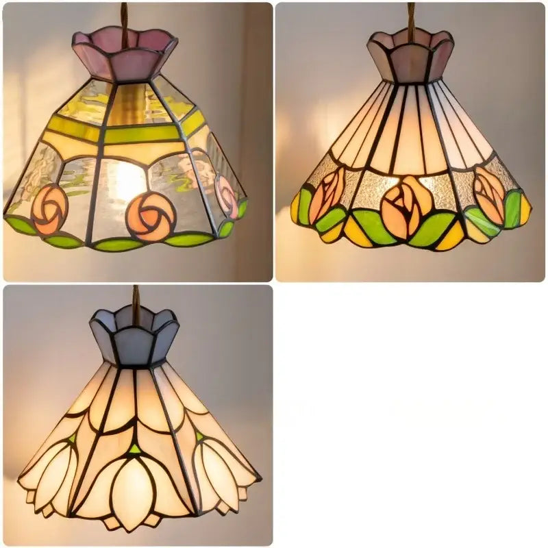 Vintage floral stained glass pendant lights with pastel colorful flower led designs and leaded frames for living room decorbites