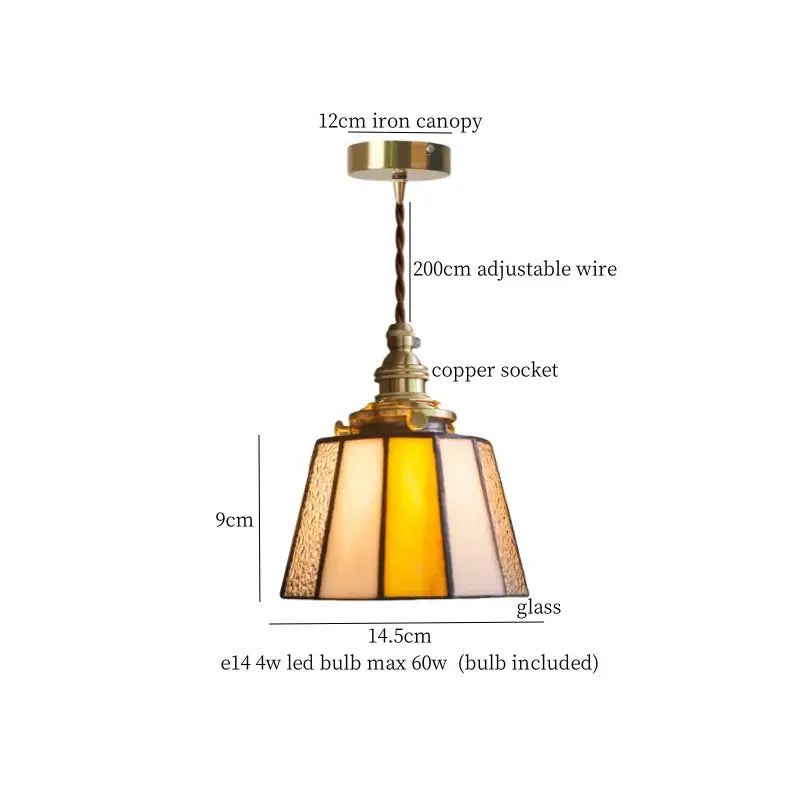 Vintage floral stained glass pendant light with brass canopy, adjustable copper wire, amber and cream panels for decorbites colorful flower use