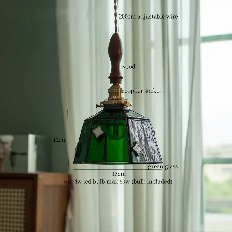 Vintage floral stained glass pendant lights with dark green shade wooden handle and brass socket by decorbites colorful flower led