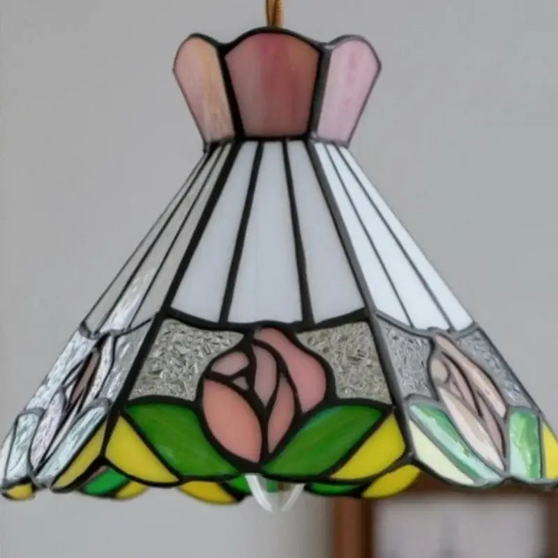 Vintage floral stained glass pendant lights with a delicate pink and green colorful flower led lampshade by decorbites