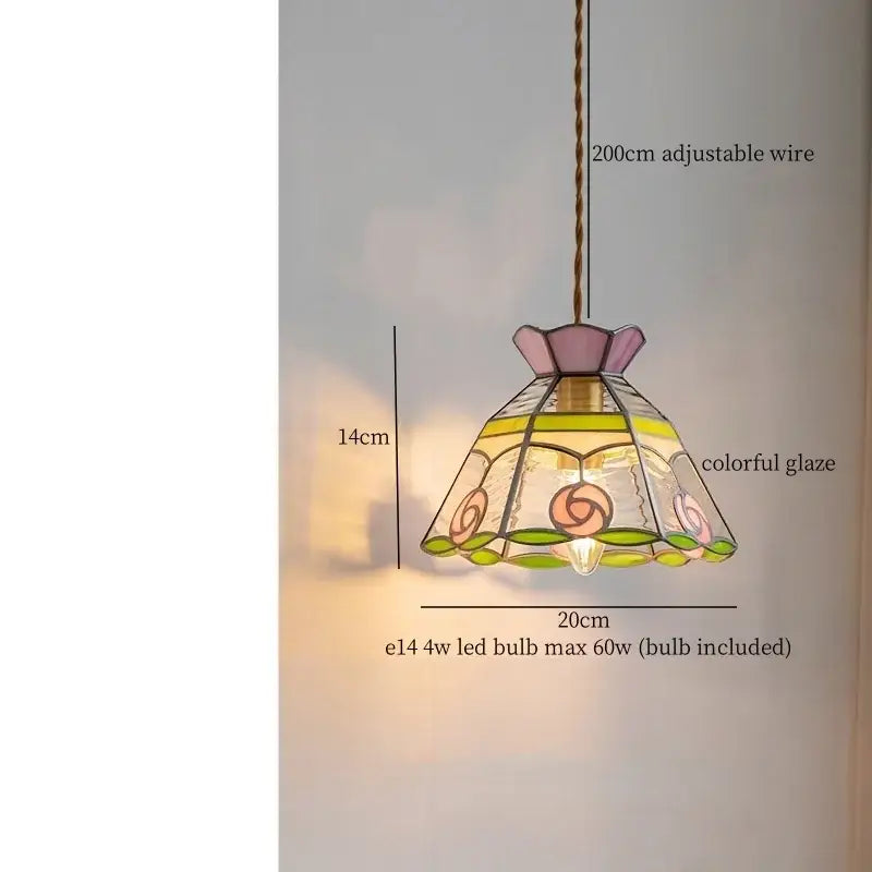 A delicate vintage floral stained glass pendant light with colorful flower design and adjustable wire by decorbites