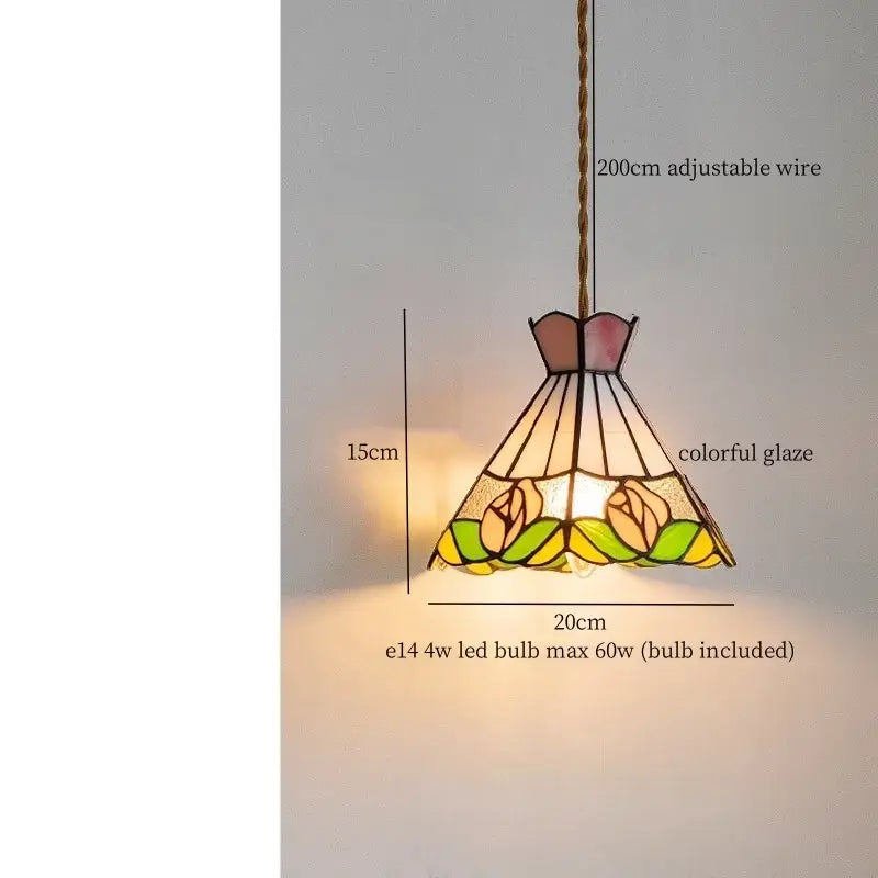 Vintage floral stained glass pendant lights by decorbites with colorful flower led conical shade for living room decor