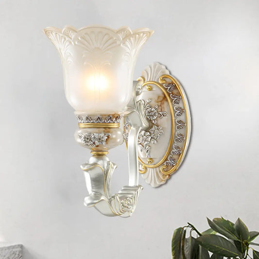 Vintage Floral Wall Lamp Kit with Frosted Glass Shade for Living Room Sconce Light in White-Gold