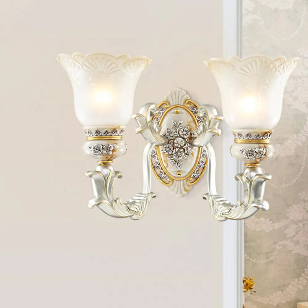 Vintage Floral Wall Lamp Kit with Frosted Glass Shade for Living Room Sconce Light in White-Gold