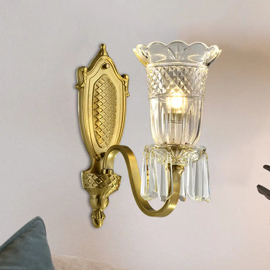 Vintage Floral Wall Light with Clear Crystal Glass Shade in Gold - 1 Light, Wall Mounted Lamp