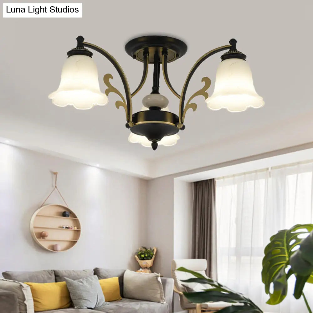 Vintage Floral White Glass Ceiling Lamp with 3/6/8 Lights for Dining Room - Semi Flush Mount in Black