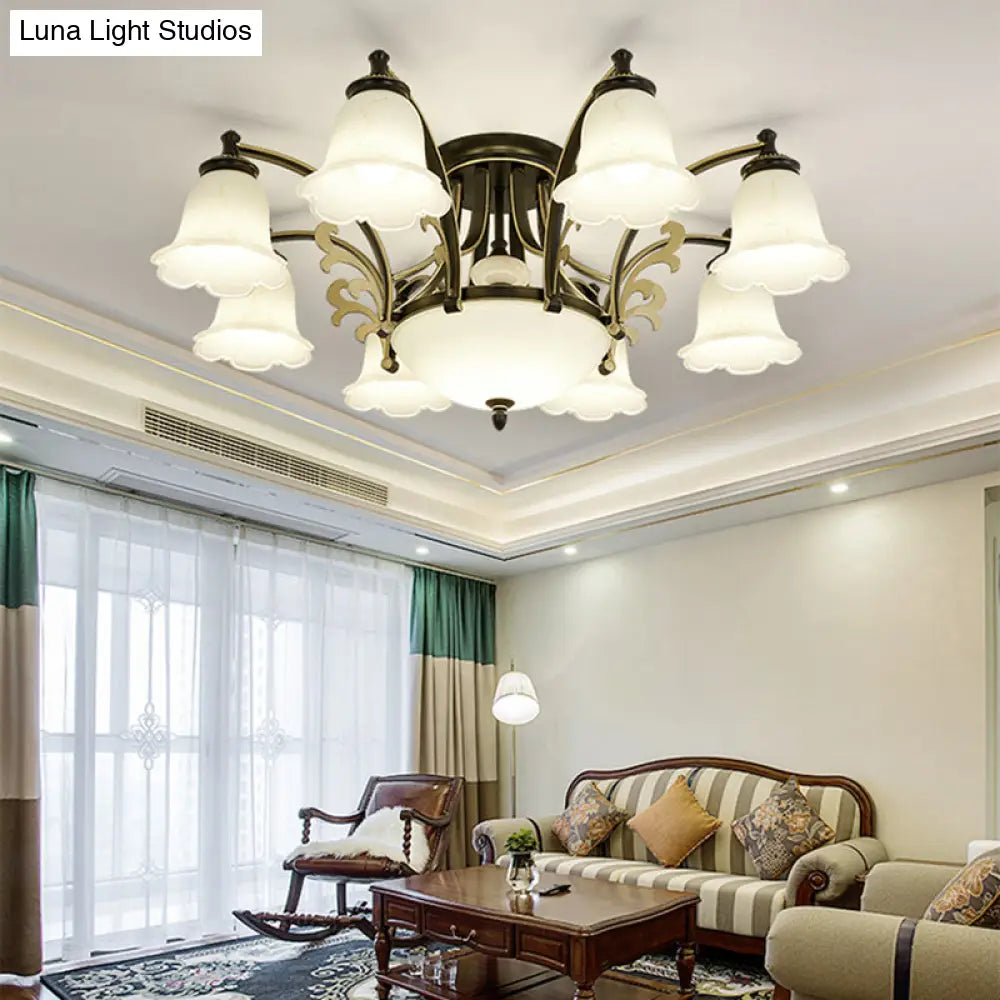 Vintage Floral White Glass Ceiling Lamp with 3/6/8 Lights for Dining Room - Semi Flush Mount in Black