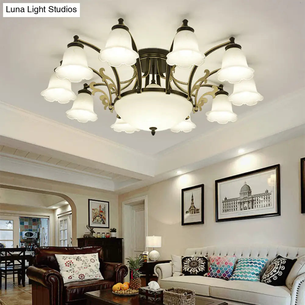 Vintage Floral White Glass Ceiling Lamp with 3/6/8 Lights for Dining Room - Semi Flush Mount in Black