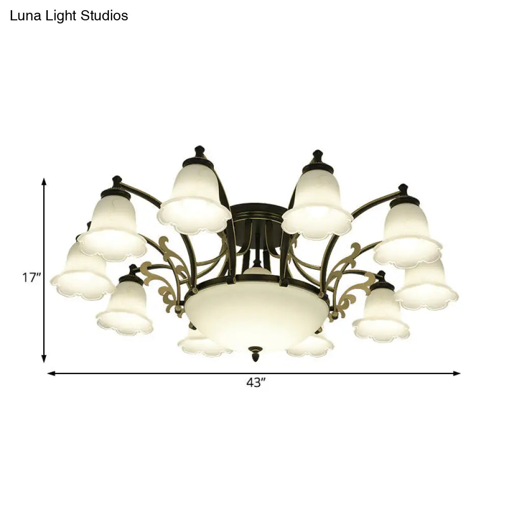 Vintage Floral White Glass Ceiling Lamp with 3/6/8 Lights for Dining Room - Semi Flush Mount in Black