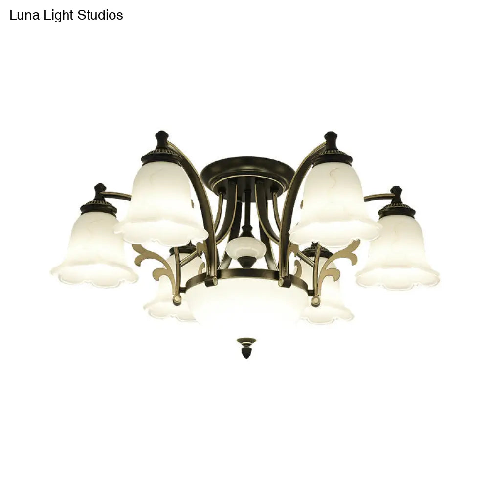 Vintage Floral White Glass Ceiling Lamp with 3/6/8 Lights for Dining Room - Semi Flush Mount in Black