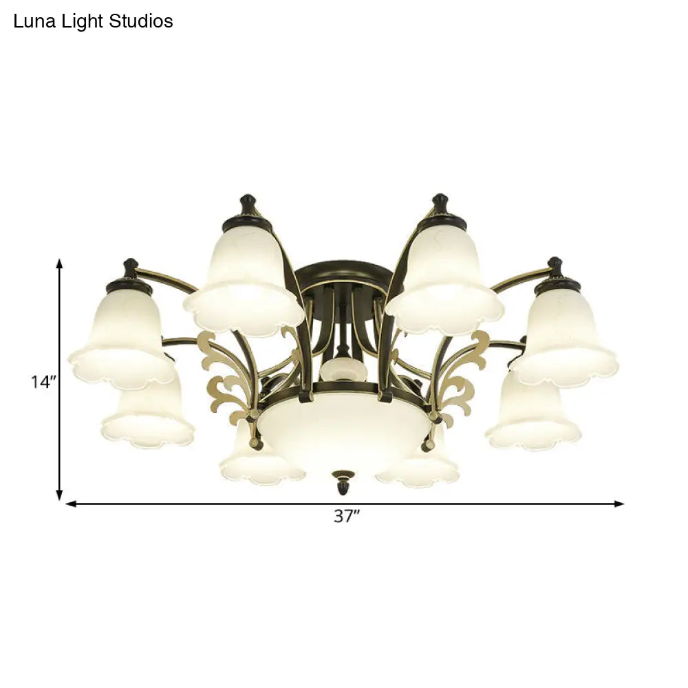 Vintage Floral White Glass Ceiling Lamp with 3/6/8 Lights for Dining Room - Semi Flush Mount in Black