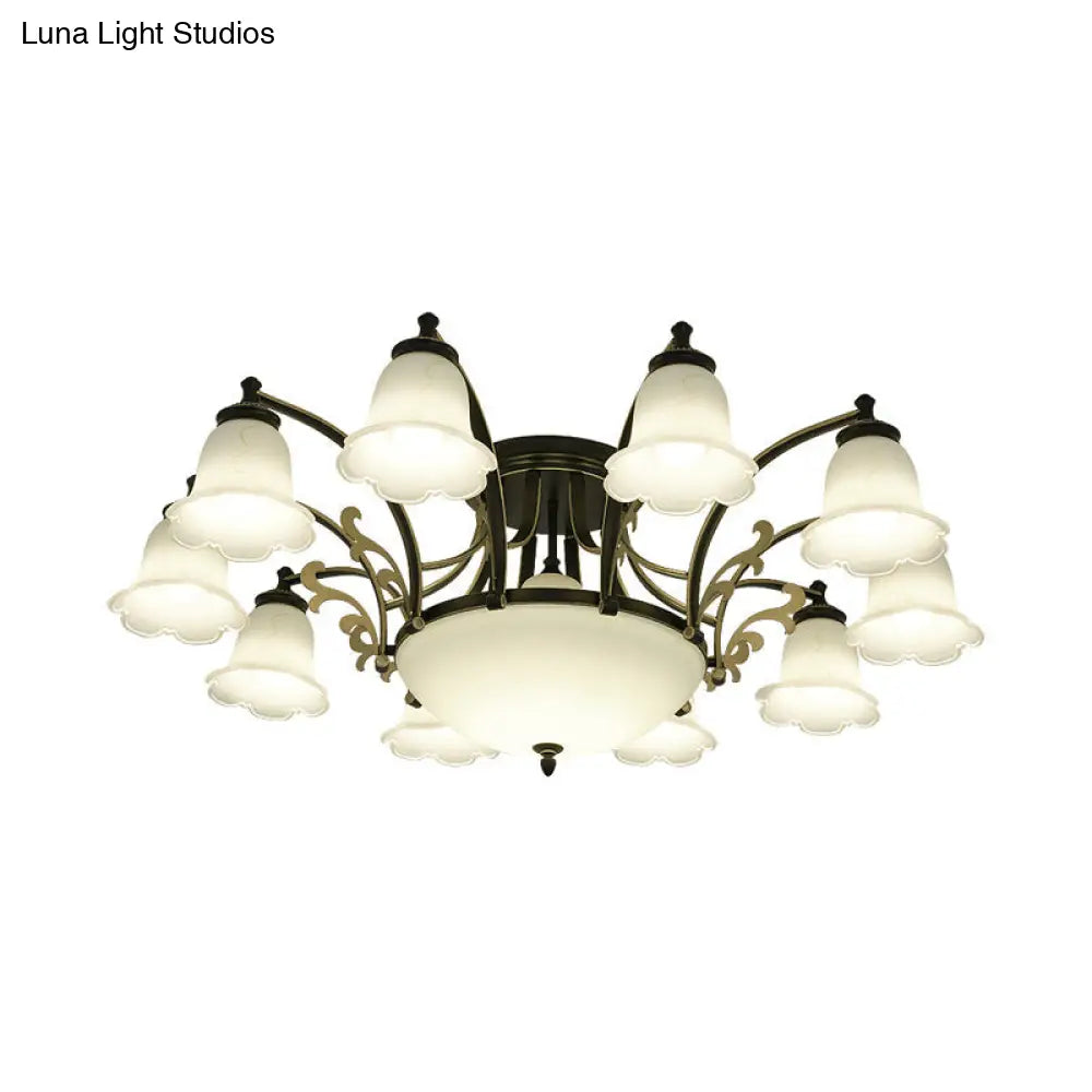 Vintage Floral White Glass Ceiling Lamp with 3/6/8 Lights for Dining Room - Semi Flush Mount in Black