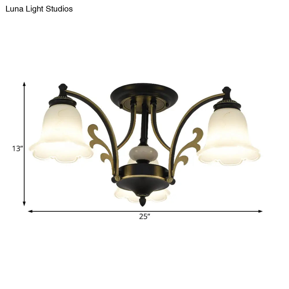 Vintage Floral White Glass Ceiling Lamp with 3/6/8 Lights for Dining Room - Semi Flush Mount in Black