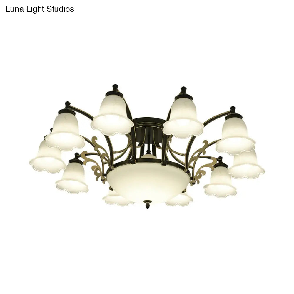 Vintage Floral White Glass Ceiling Lamp with 3/6/8 Lights for Dining Room - Semi Flush Mount in Black