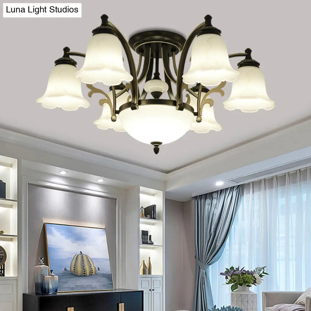 Vintage Floral White Glass Ceiling Lamp with 3/6/8 Lights for Dining Room - Semi Flush Mount in Black