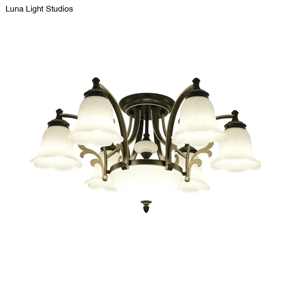 Vintage Floral White Glass Ceiling Lamp with 3/6/8 Lights for Dining Room - Semi Flush Mount in Black