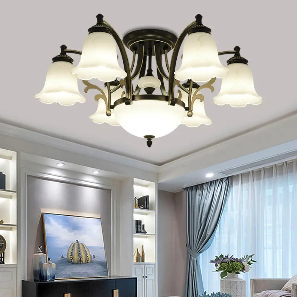 Vintage Floral White Glass Ceiling Lamp with 3/6/8 Lights for Dining Room - Semi Flush Mount in Black