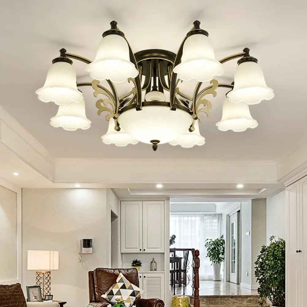 Vintage Floral White Glass Ceiling Lamp with 3/6/8 Lights for Dining Room - Semi Flush Mount in Black
