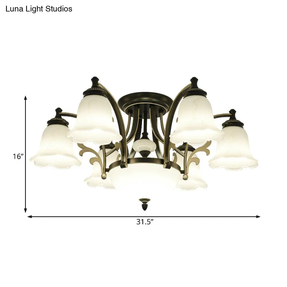 Vintage Floral White Glass Ceiling Lamp with 3/6/8 Lights for Dining Room - Semi Flush Mount in Black