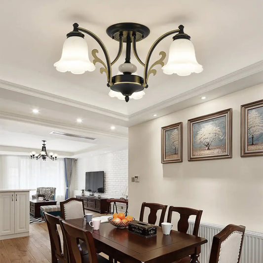 Vintage Floral White Glass Ceiling Lamp with 3/6/8 Lights for Dining Room - Semi Flush Mount in Black