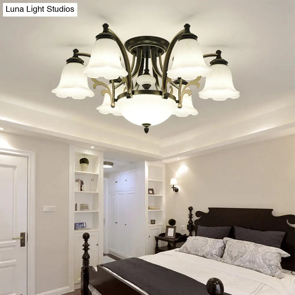 Vintage Floral White Glass Ceiling Lamp with 3/6/8 Lights for Dining Room - Semi Flush Mount in Black