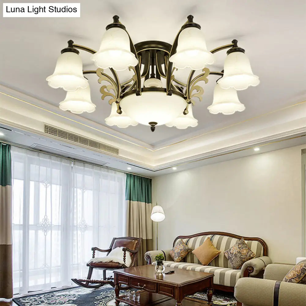 Vintage Floral White Glass Ceiling Lamp with 3/6/8 Lights for Dining Room - Semi Flush Mount in Black