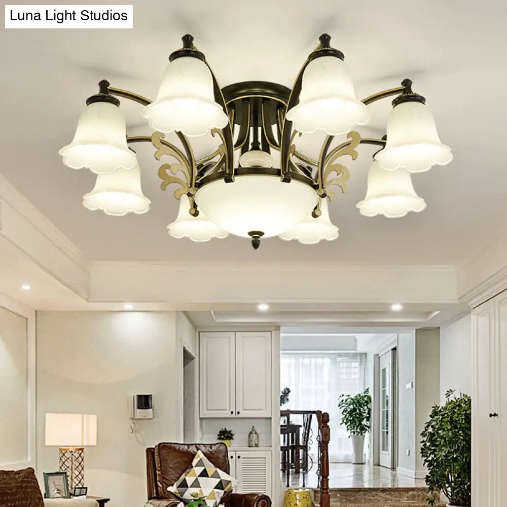 Vintage Floral White Glass Ceiling Lamp with 3/6/8 Lights for Dining Room - Semi Flush Mount in Black