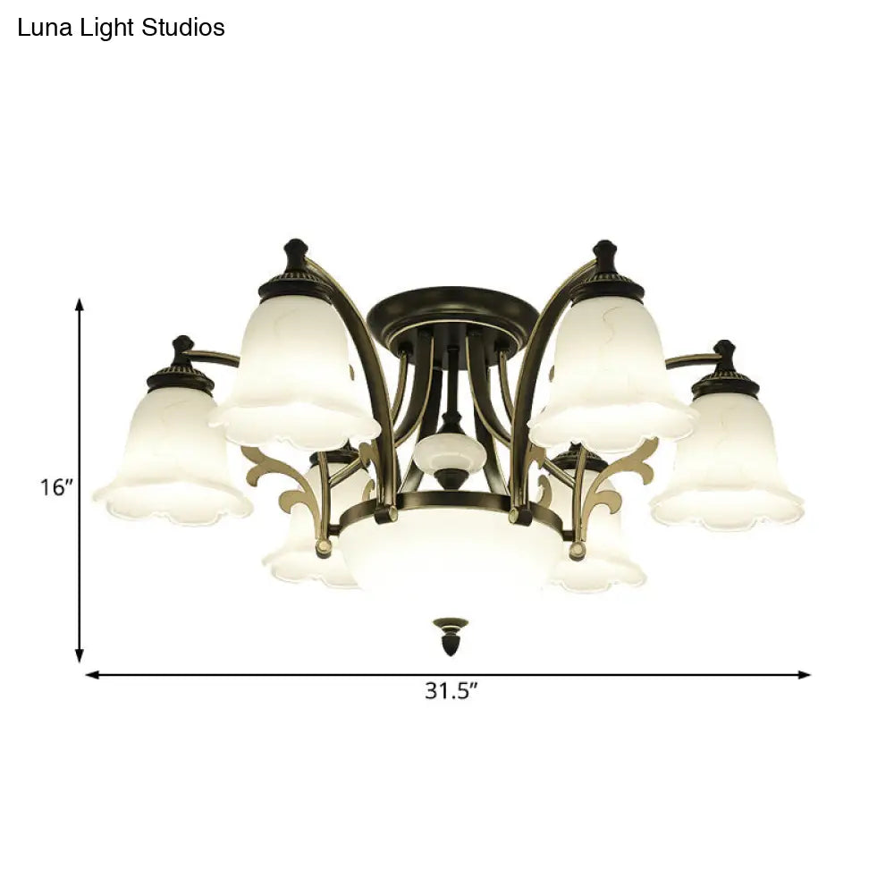 Vintage Floral White Glass Ceiling Lamp with 3/6/8 Lights for Dining Room - Semi Flush Mount in Black